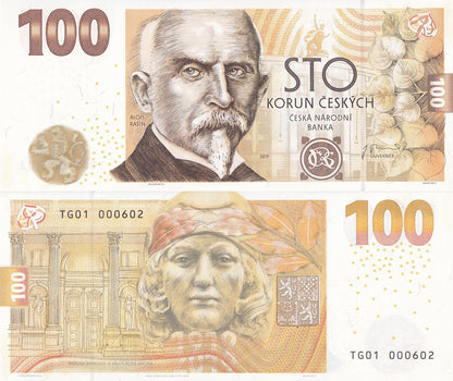  Czech Republic 100 Korun 2019 P 29 UNC 100th Annv W/Folder LOW S/N 000602