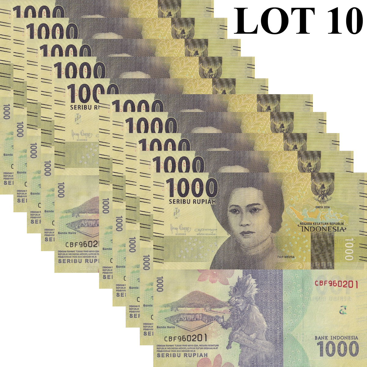 Indonesia 1000 Rupiah 2016/2019 P 154 UNC 1/10 Bundle LOT 10 pcs
