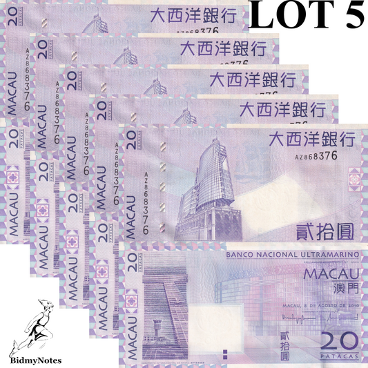 Macau Macao 20 Patacas 2010 P 81b UNC BNU 1/20 Bundle LOT 5 pcs