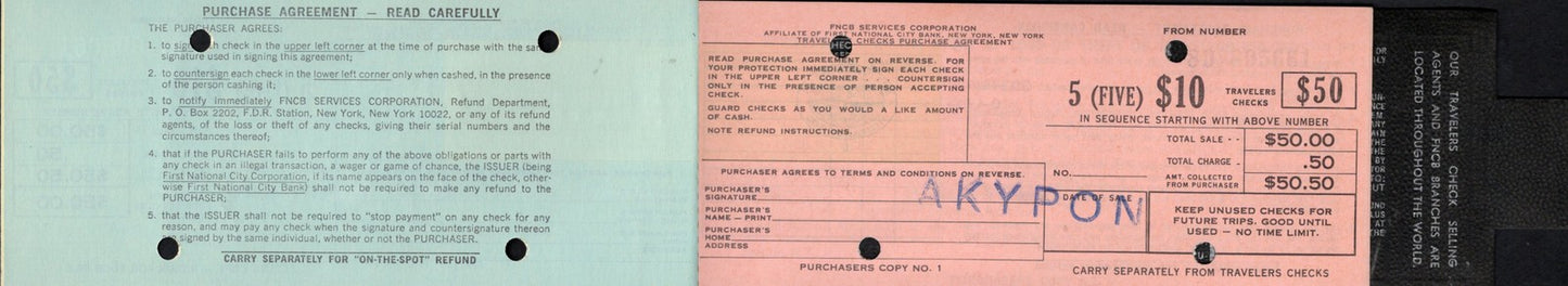USA 10 Dollars 1969 First National City Corp. Bank Cheque UNC W/Booklet (1 Note)