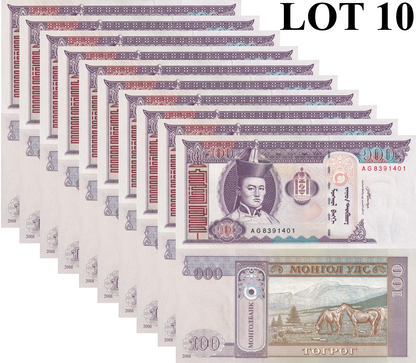 Mongolia 100 Togrog 2008 P 65b UNC 1/10 Bundle Lot 10 pcs
