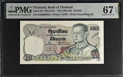 Thailand 20 Baht ND 1981-85 P 88 UNC PMG 67 EPQ 0A Prefix LOW S/N 53 3rd TOP POP