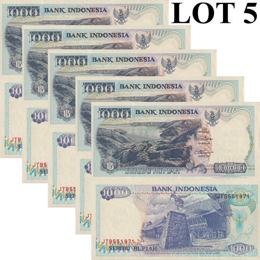 Indonesia 1000 Rupiah 1992/2000 P 129i UNC MMINOR FOXING 1/20 Bundle Lot 5 pcs