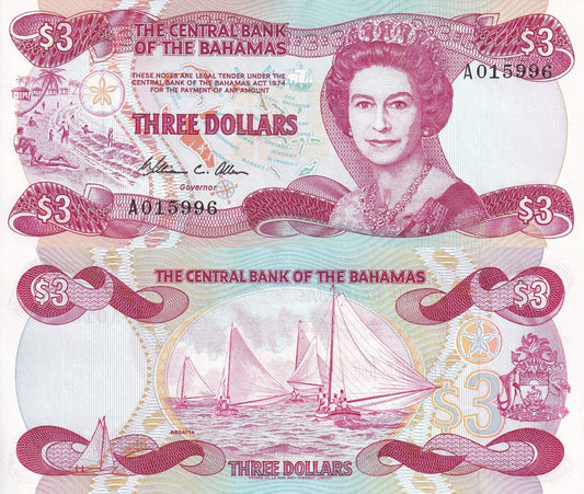 Bahamas 3 dollars 1974 (1984) P 44 Queen Elizabeth II UNC