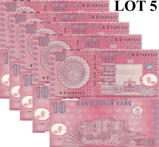 Bangladesh 10 Taka 2002 P 39a UNC 1/20 Bundle Lot 5 pcs