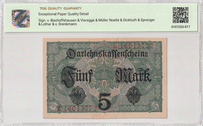 Germany 5 Mark 1917 P 56b Leopard S/N 777 UNC TQG 65 EPQD With Hard Case