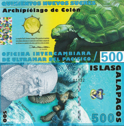 Galapagos Islands 500 Sucres 2011 Charles Darwin Test Note UNC COMM. Type 2