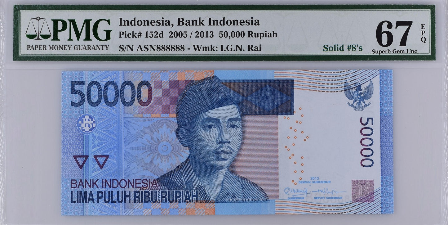 Indonesia 50000 Rupiah 2005 / 2013 P 152d UNC PMG 67 EPQ SOLID 8 - 888888