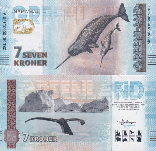Greenland Souvenir Note  7 Krone Narwhal UNC Test Note
