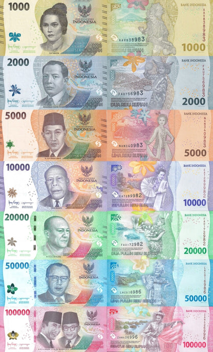 Indonesia 1000 2000 5000-100000 Rupiah 2022/2023 P 162 163 164-168 UNC Set 7 pcs