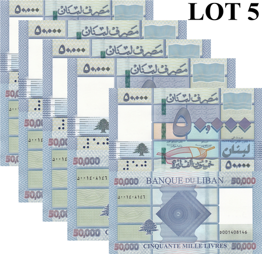 Lebanon 50000 Livres 2019 P 94 UNC 1/20 Bundle Lot 5 pcs