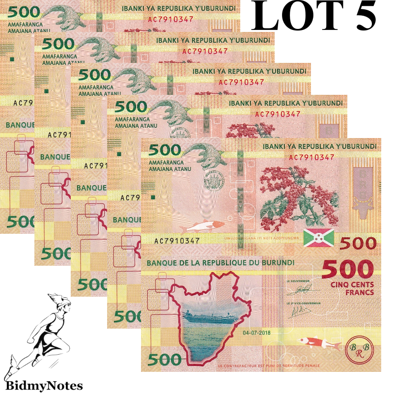 Burundi 500 Francs 2018 P 50 UNC 1/20 Bundle LOT 5 pcs