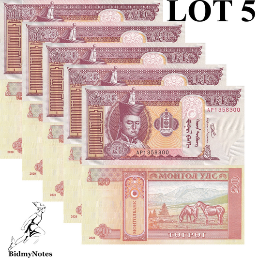 Mongolia 20 Tugrik 2020 P 63 UNC 1/20 Bundle Lot 5 pcs