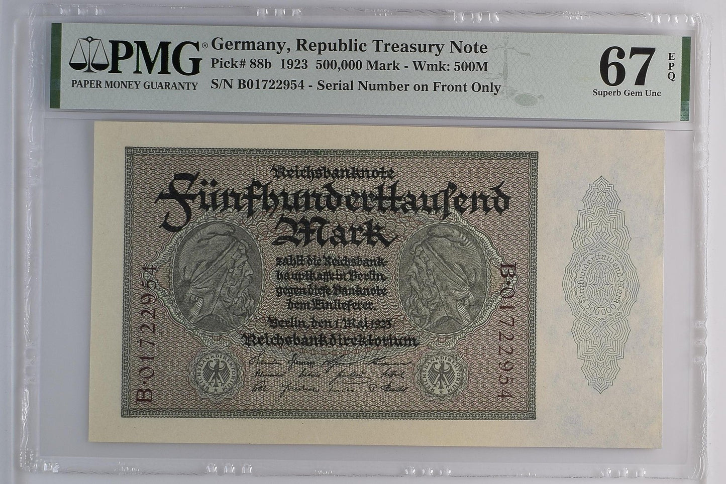 Germany 500000 Mark 1923 P 88b S/N on Front Only UNC PMG 67 EPQ 2nd TOP POP
