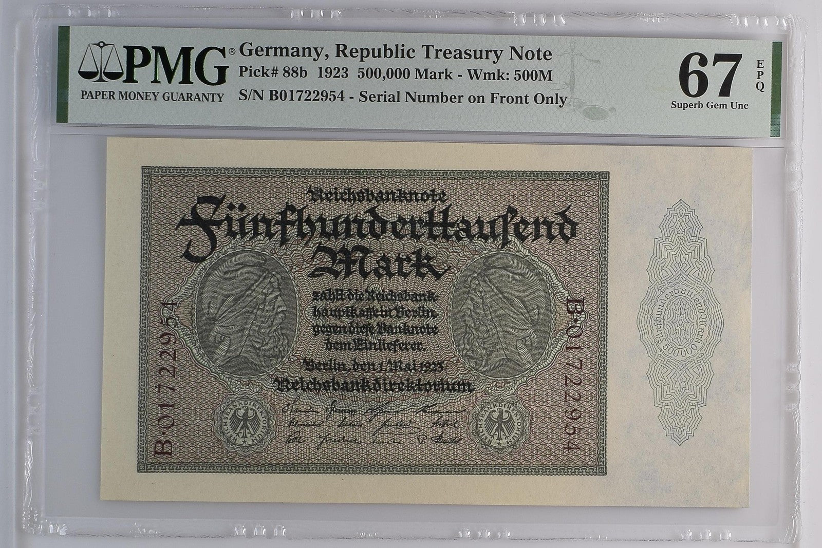 Germany 500000 Mark 1923 P 88b S/N on Front Only UNC PMG 67 EPQ 2nd TOP POP