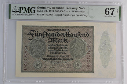 Germany 500000 Mark 1923 P 88b S/N on Front Only UNC PMG 67 EPQ 2nd TOP POP