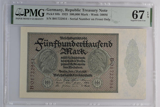 Germany 500000 Mark 1923 P 88b S/N on Front Only UNC PMG 67 EPQ 2nd TOP POP