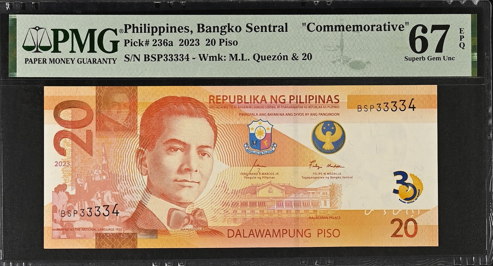 Philippines COMM. 20 Piso 2023 P 236a UNC PMG 67 EPQ Fancy No. 33334 3rd TOP POP