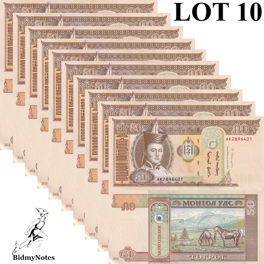 Mongolia 50 Togrog 2013 P 64c UNC 1/10 Bundle Lot 10 Pcs