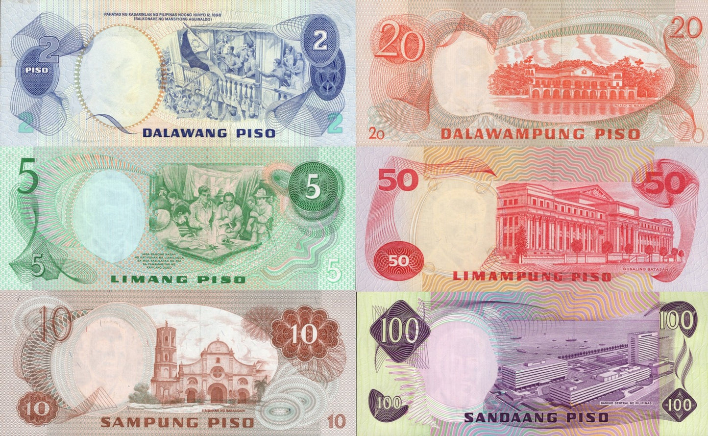 Philippines 2-100 Piso 1970-78 P 152 160d 154 162 163 164 UNC MINOR FOXING Set 6