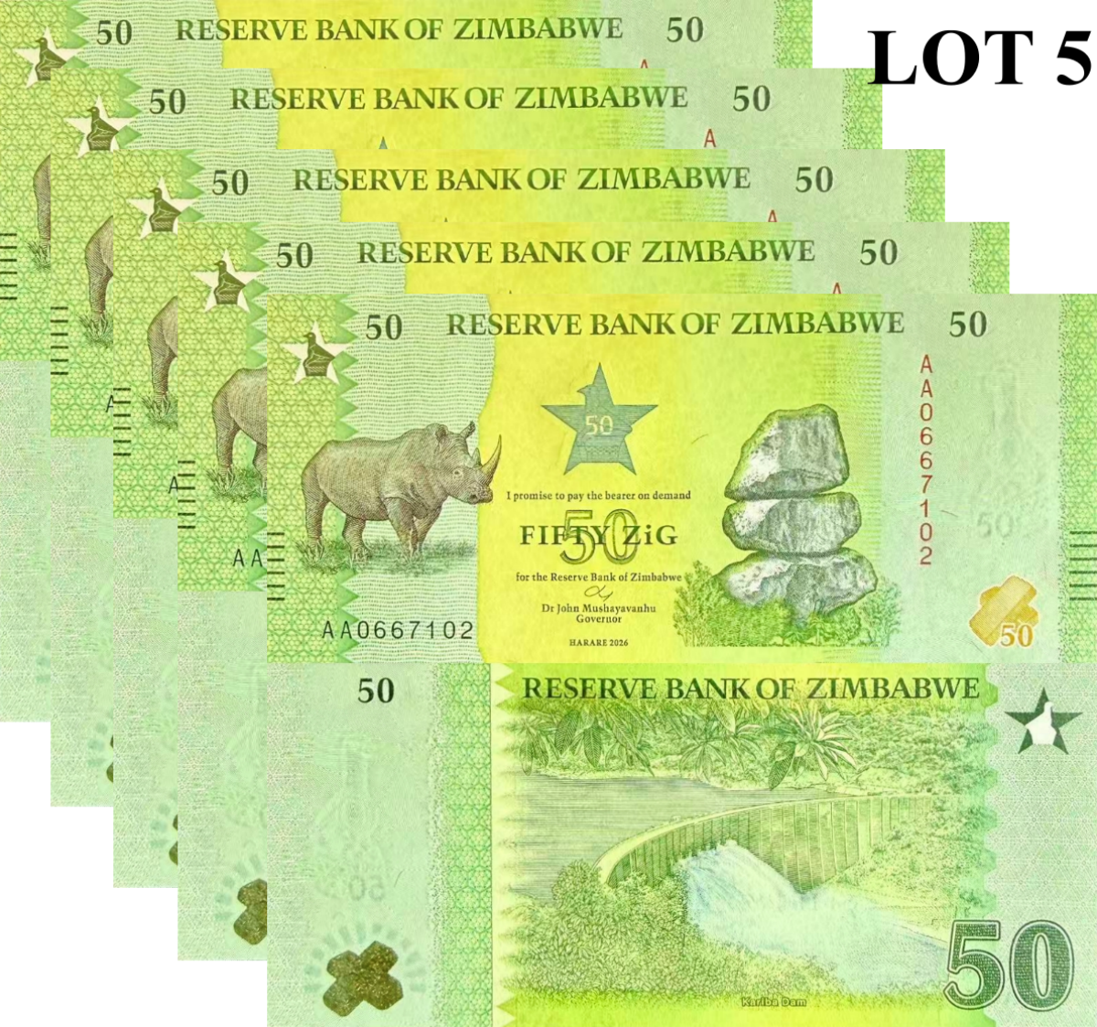 Zimbabwe 50 Zig 2026 P NEW Design UNC1/20 Bundle Lot 5 pcs