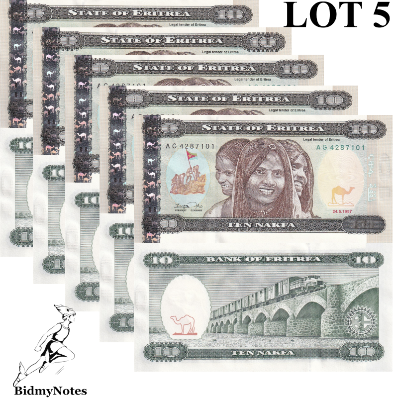 Eritrea 10 Nakfa 1997 P 3 UNC 1/20 Budle LOT 5 pcs