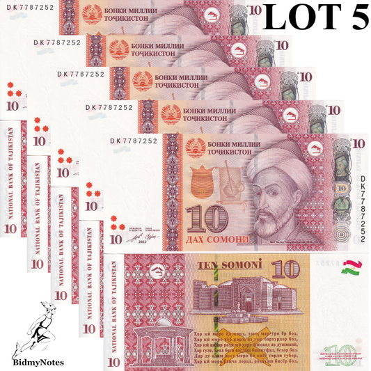 Tajikistan 10 Somoni 2022 / 2023 P 24 UNC 1/20 Bundle LOT 5 pcs