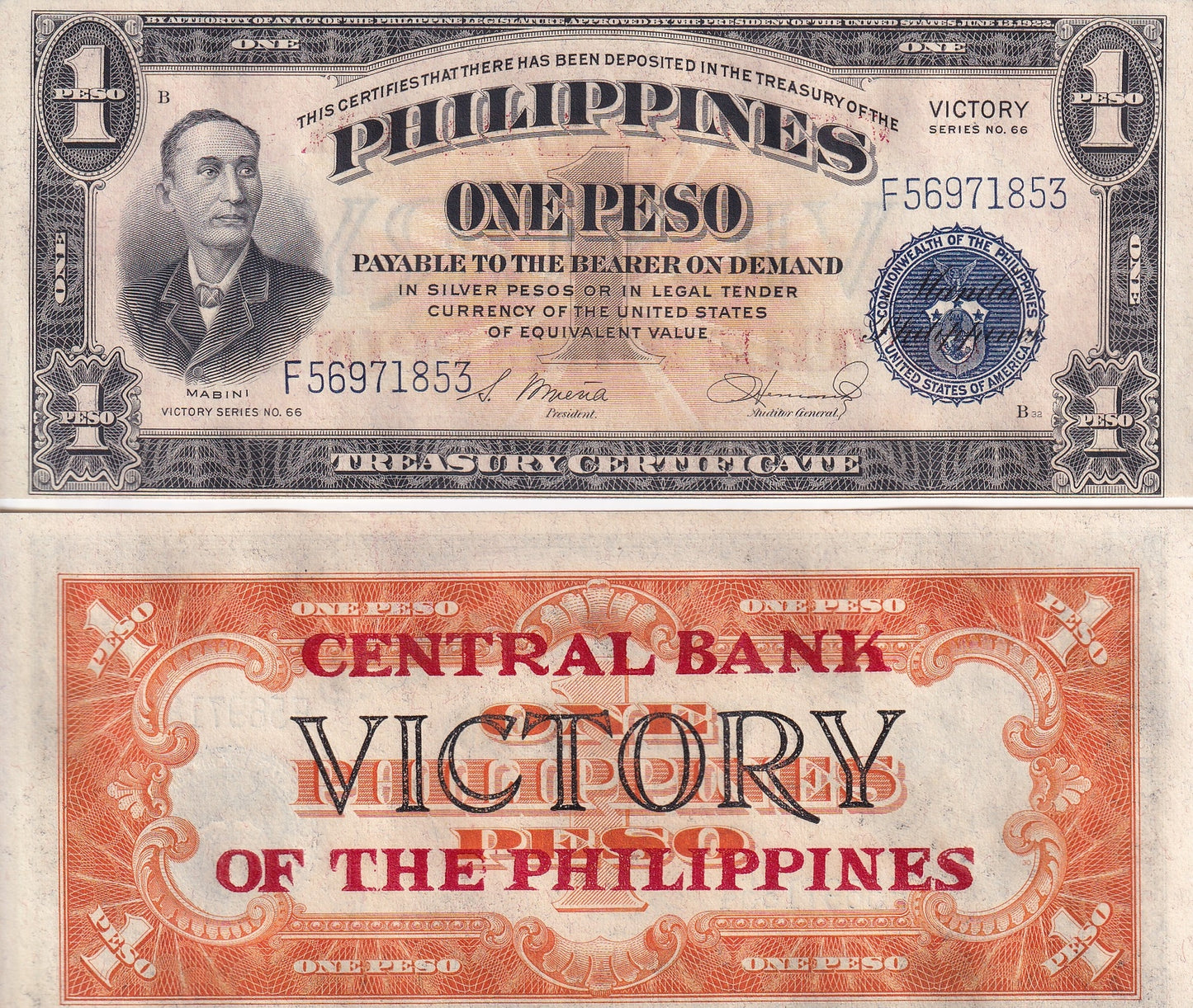 Philippines 1 Peso 1949 P 117a Thick Letter Overprint minor foxing UNC