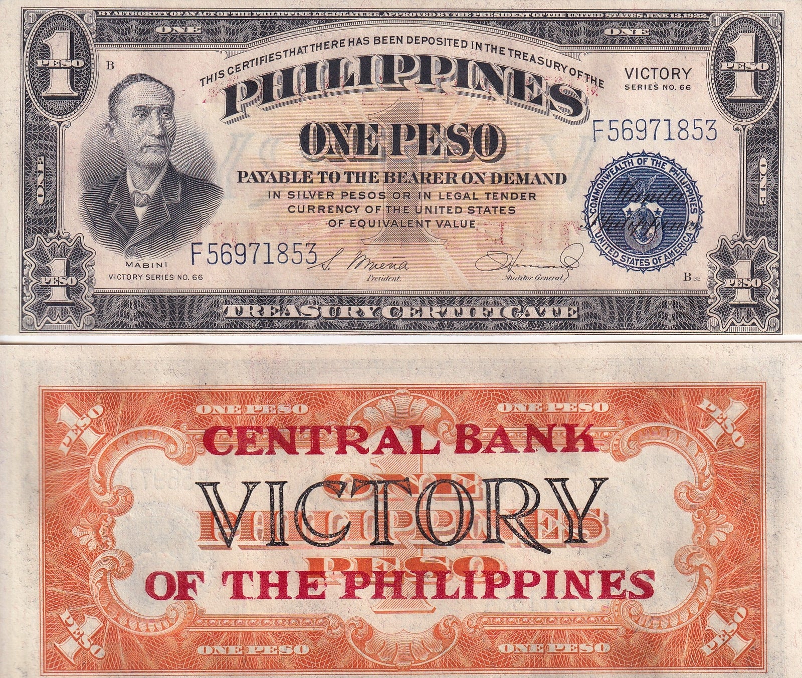 Philippines 1 Peso 1949 P 117a Thick Letter Overprint minor foxing UNC