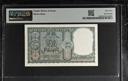 India Reserve Bank 5 Rupees ND (1962-67) P 36b Letter B Minor Rust UNC PMG 64