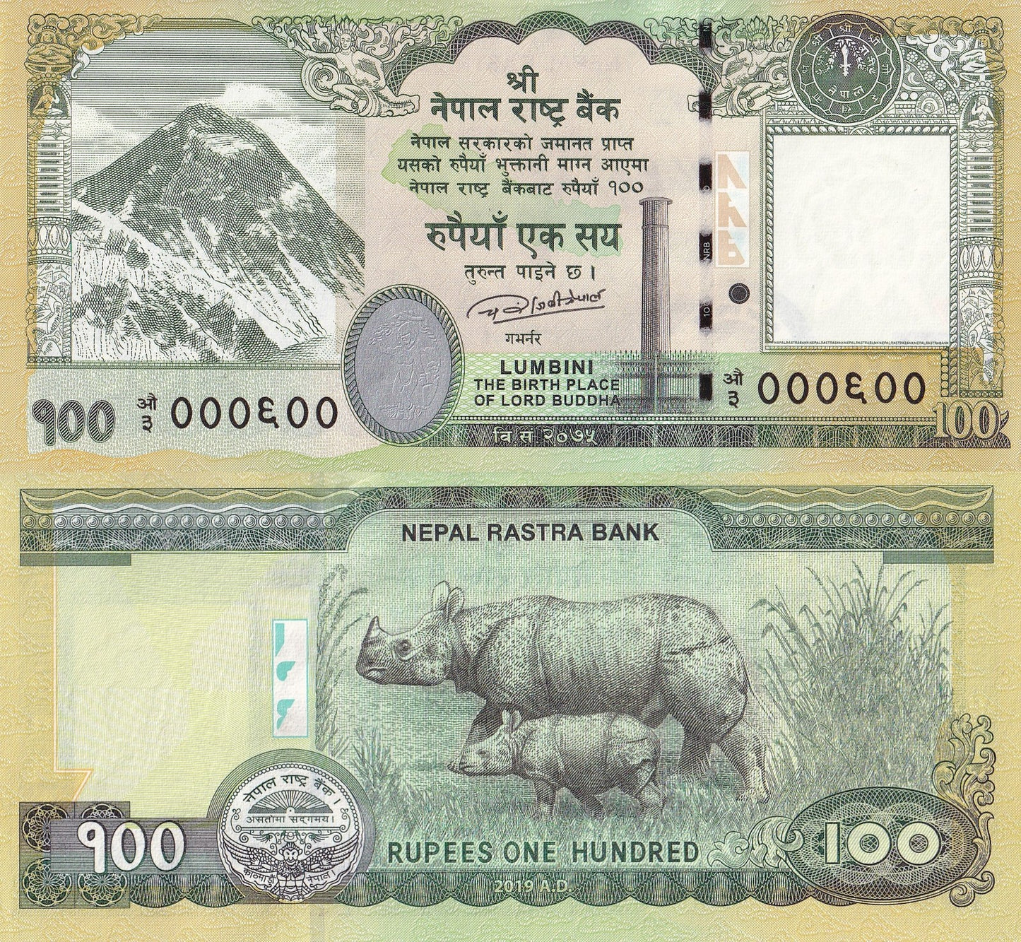Nepal 100 Rupees 2019 P 80 UNC Rhino 1/20 Bundle LOT 5 pcs
