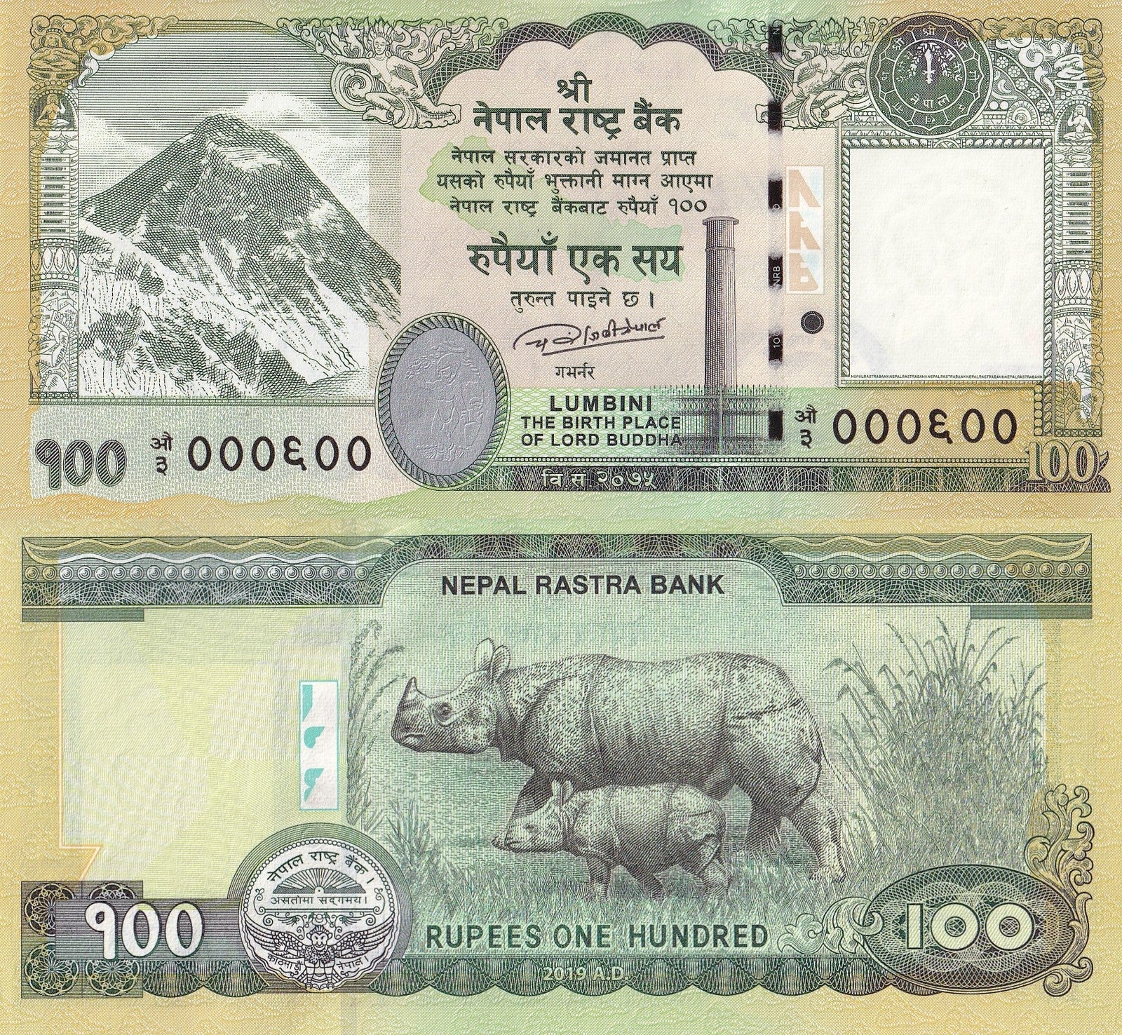Nepal 100 Rupees 2019 P 80 UNC Rhino 1/20 Bundle LOT 5 pcs