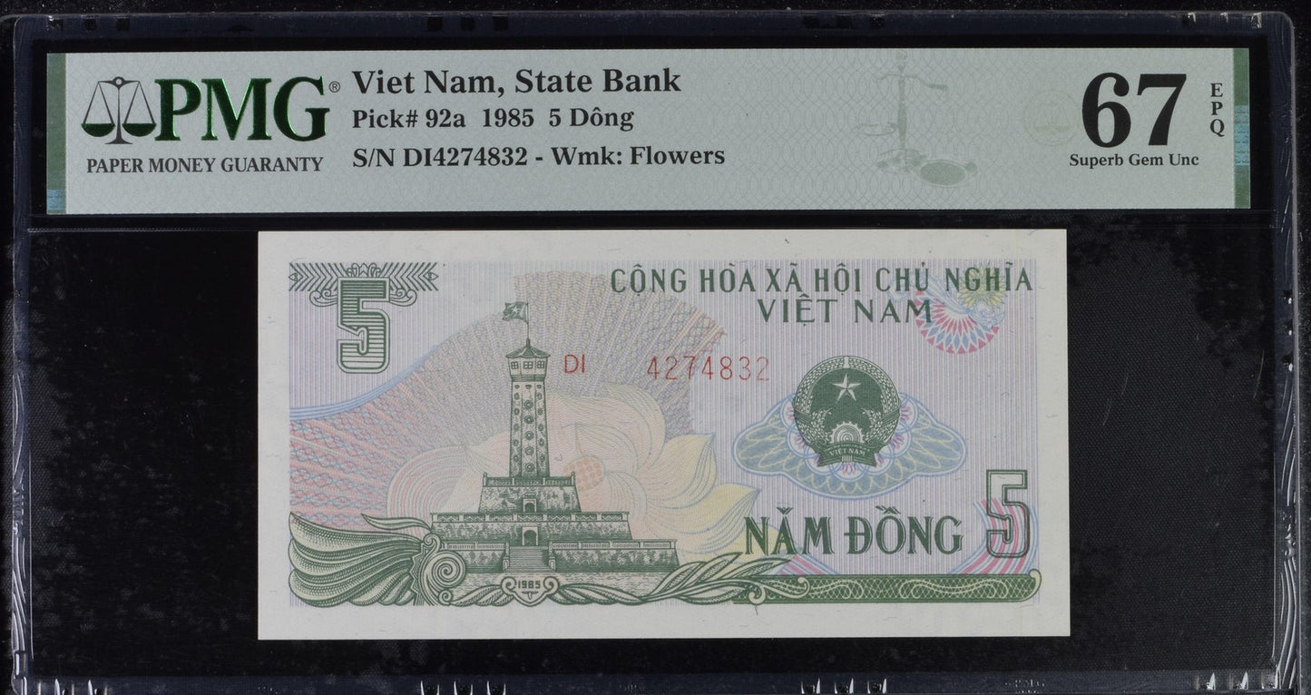 Viet Nam Vietnam State Bank 5 Dong 1985 P 92a UNC PMG 67 EPQ 3rd TOP POP