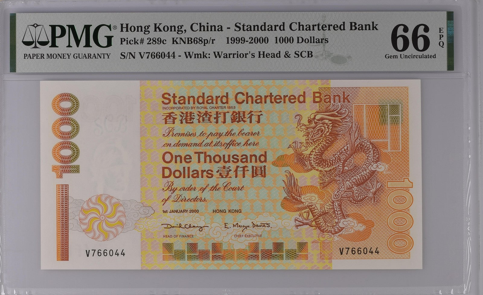 Hong Kong SCB 1000 Dollars 1999-2000 P 289c UNC PMG 66 EPQ 3rd TOP POP
