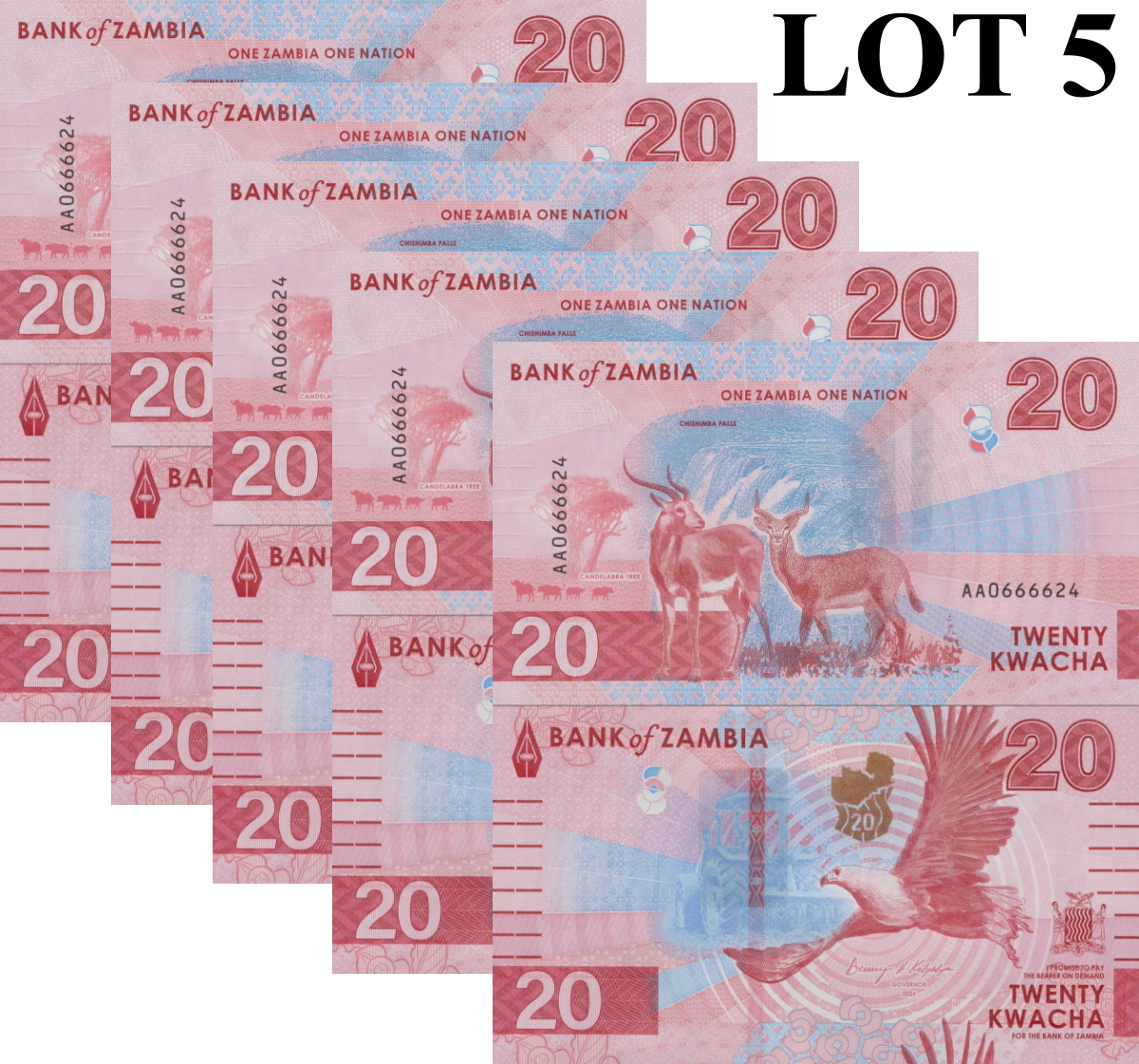 Zambia 20 Kwacha 2024 2025 P New Issue UNC AA Frist Prefix LOT 5 pcs