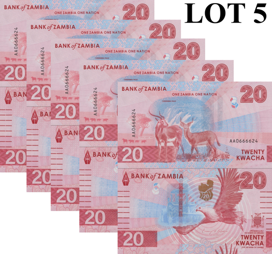 Zambia 20 Kwacha 2024 2025 P New Issue UNC AA Frist Prefix LOT 5 pcs