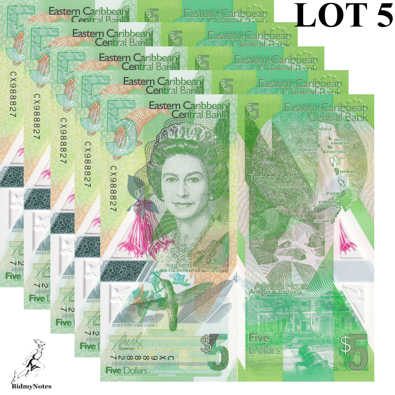 East Caribbean States 5 Dollars ND 2021 P 56 Polymer UNC 1/20 Bundle LOT 5 pcs