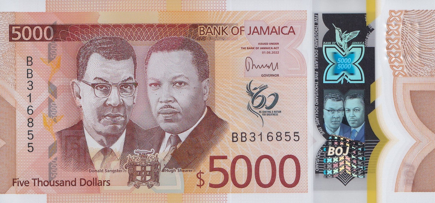 Jamaica 5000 Dollars 2022 / 2023 P 101 Polymer UNC Commemorative