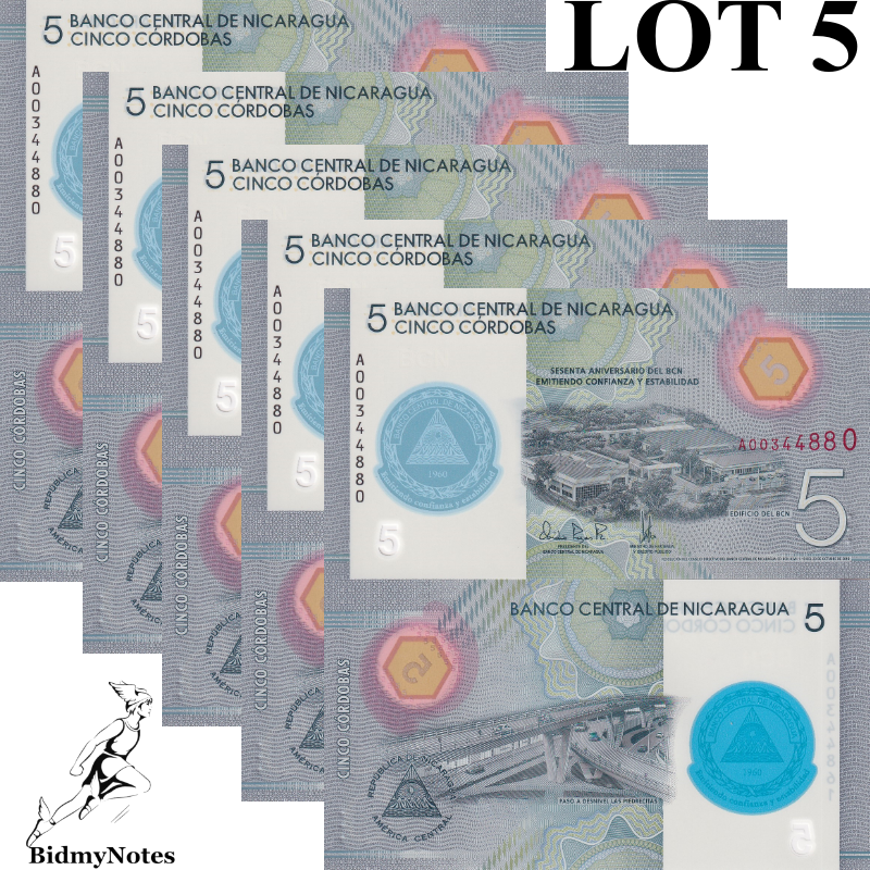 Nicaragua 5 Cordobas 2019 P 219 Polymer UNC Commemorative 1/20 Bundle LOT 5 pcs