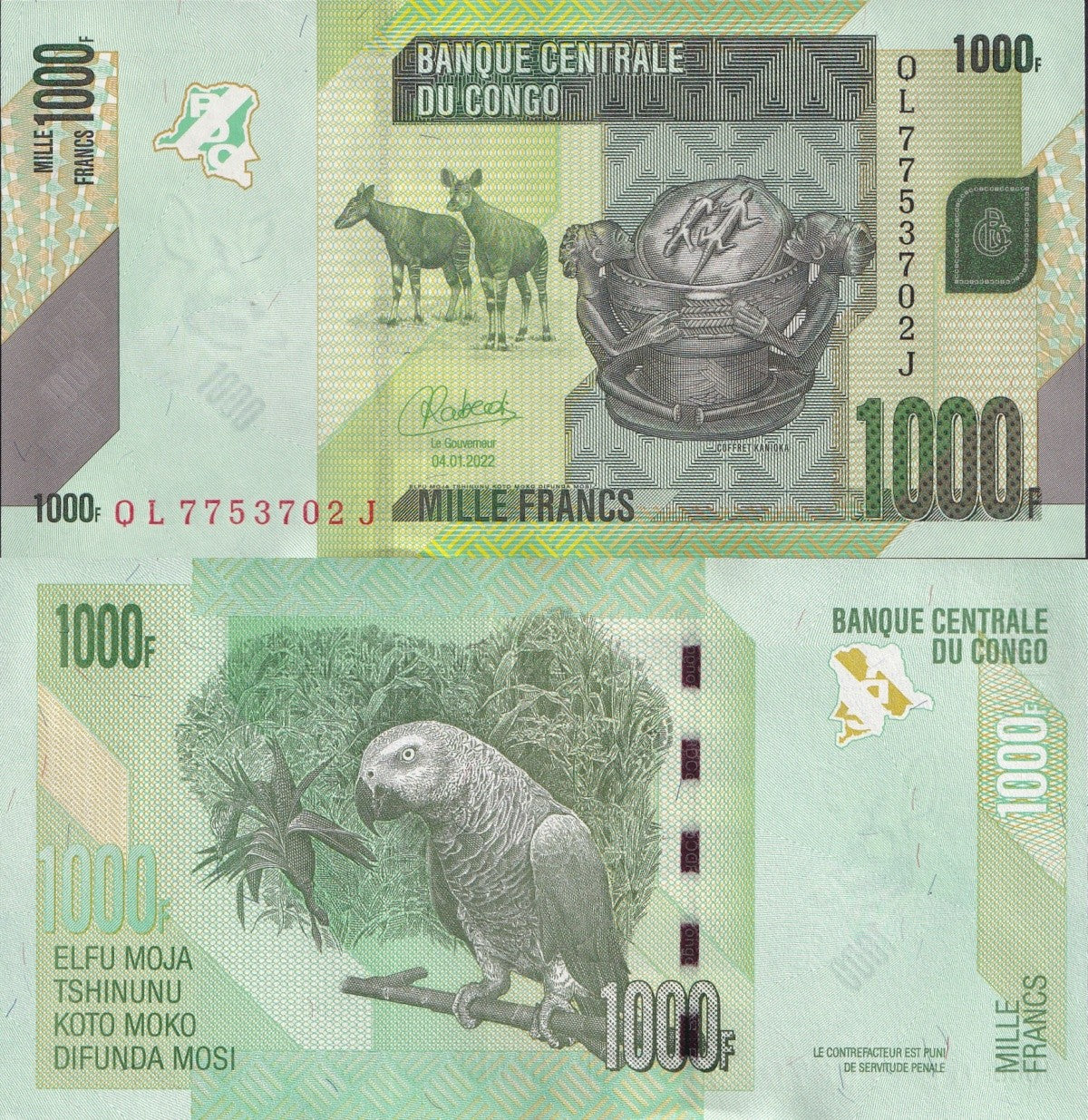 Congo Democratic Republic 1000 Francs 2022 P 101 UNC 1/10 Bundle Lot 10 pcs