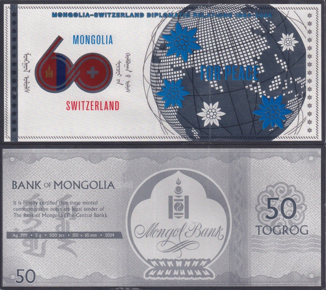 Mongolia Switzerland 2024 Diplomatic Relations Silver Note UNC With Folder