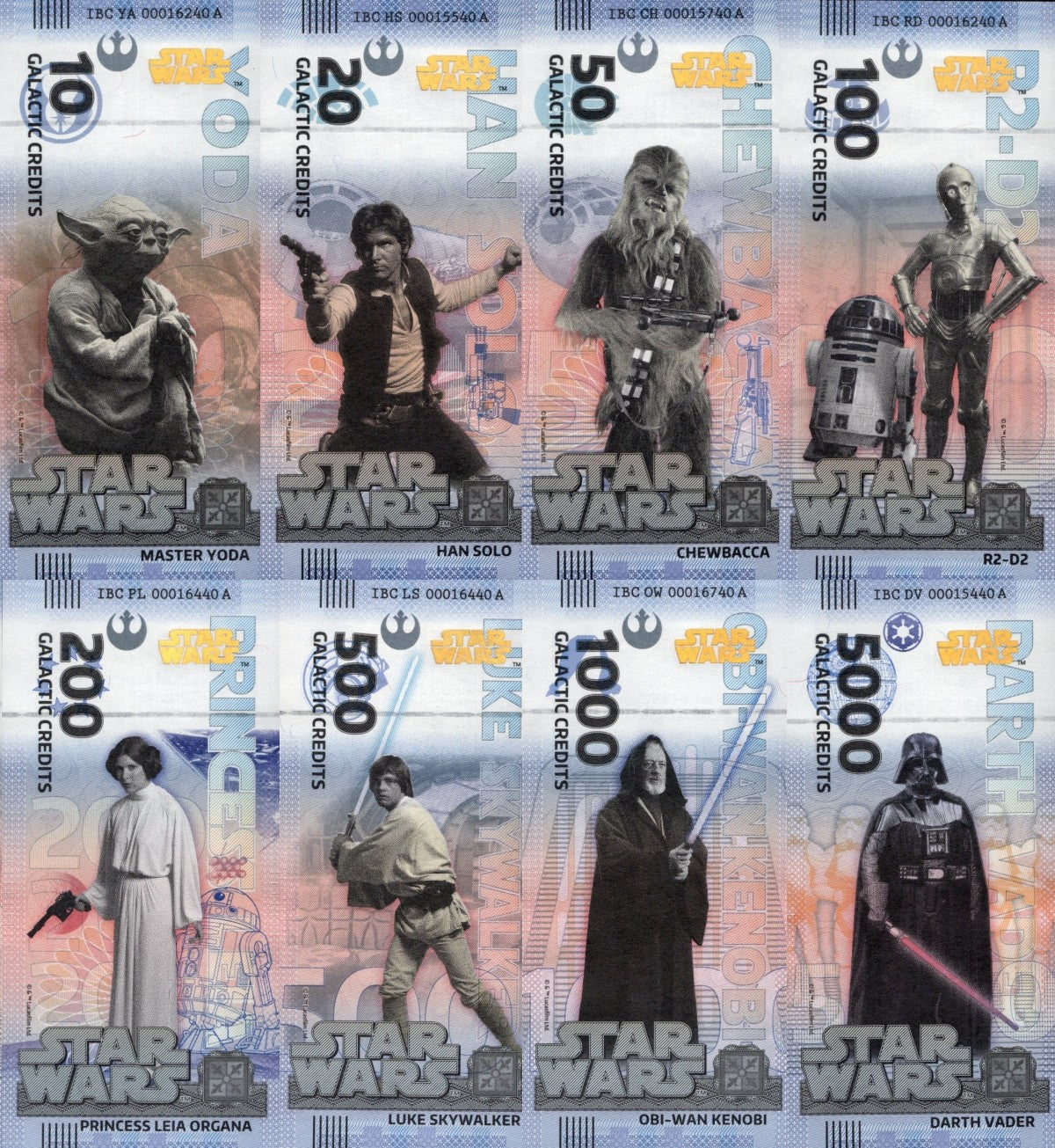 Disney Official Star Wars Test Note 10 20-5000 Galactic Credits UNC Set 8 p W/F