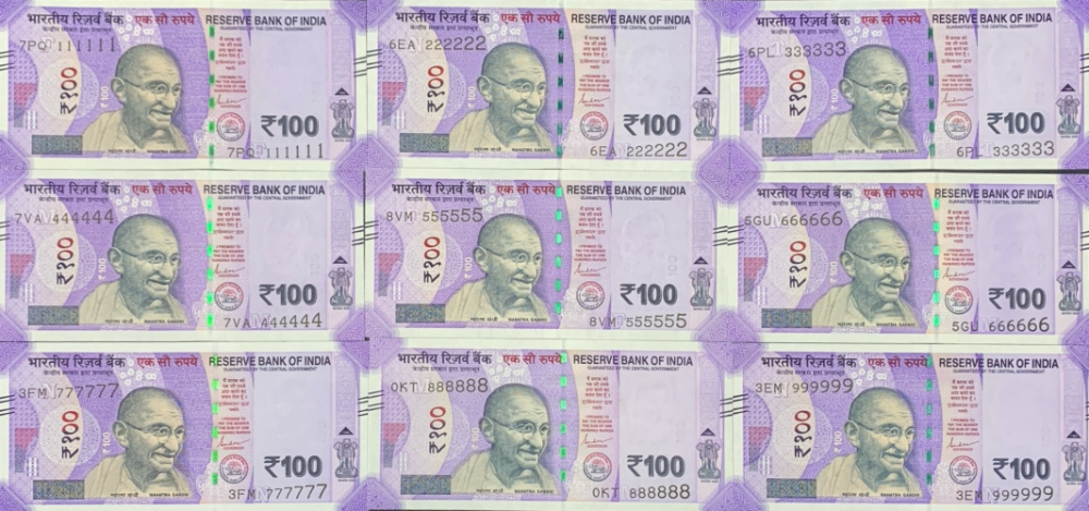 India 100 Rupees 2022-2024 P 112 UNC Set 9 pcs SOLID 1-9 111111-999999