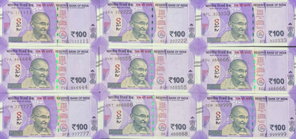 India 100 Rupees 2022-2024 P 112 UNC Set 9 pcs SOLID 1-9 111111-999999