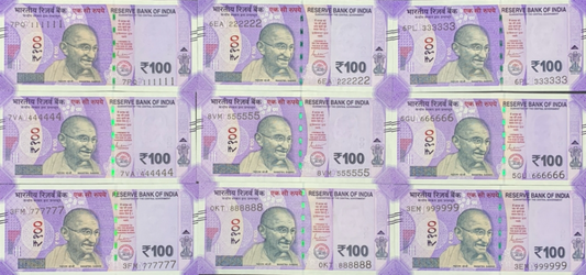 India 100 Rupees 2022-2024 P 112 UNC Set 9 pcs SOLID 1-9 111111-999999