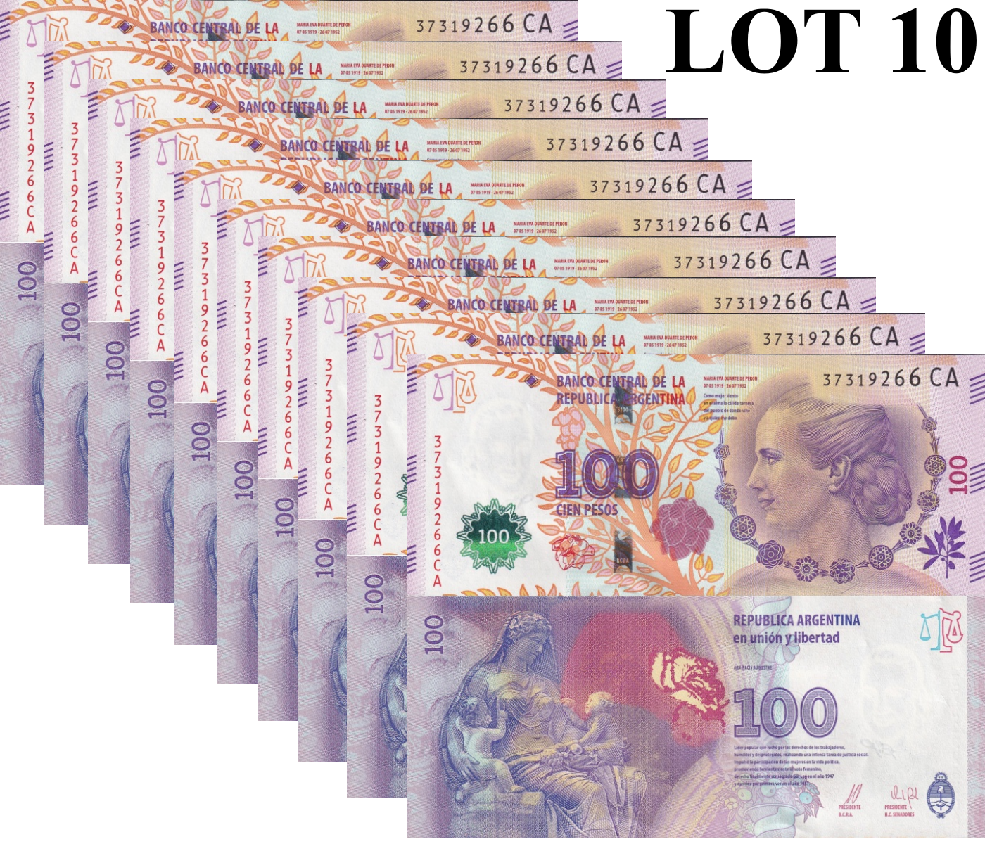 Argentina 100 Pesos ND 2012 P 358c UNC Commemorative 1/10 Bundle Lot 10 pcs