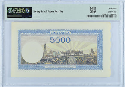 Romania Banca Nationala 5000 Lei 1943-44 P 55 UNC PMG 65 EPQ