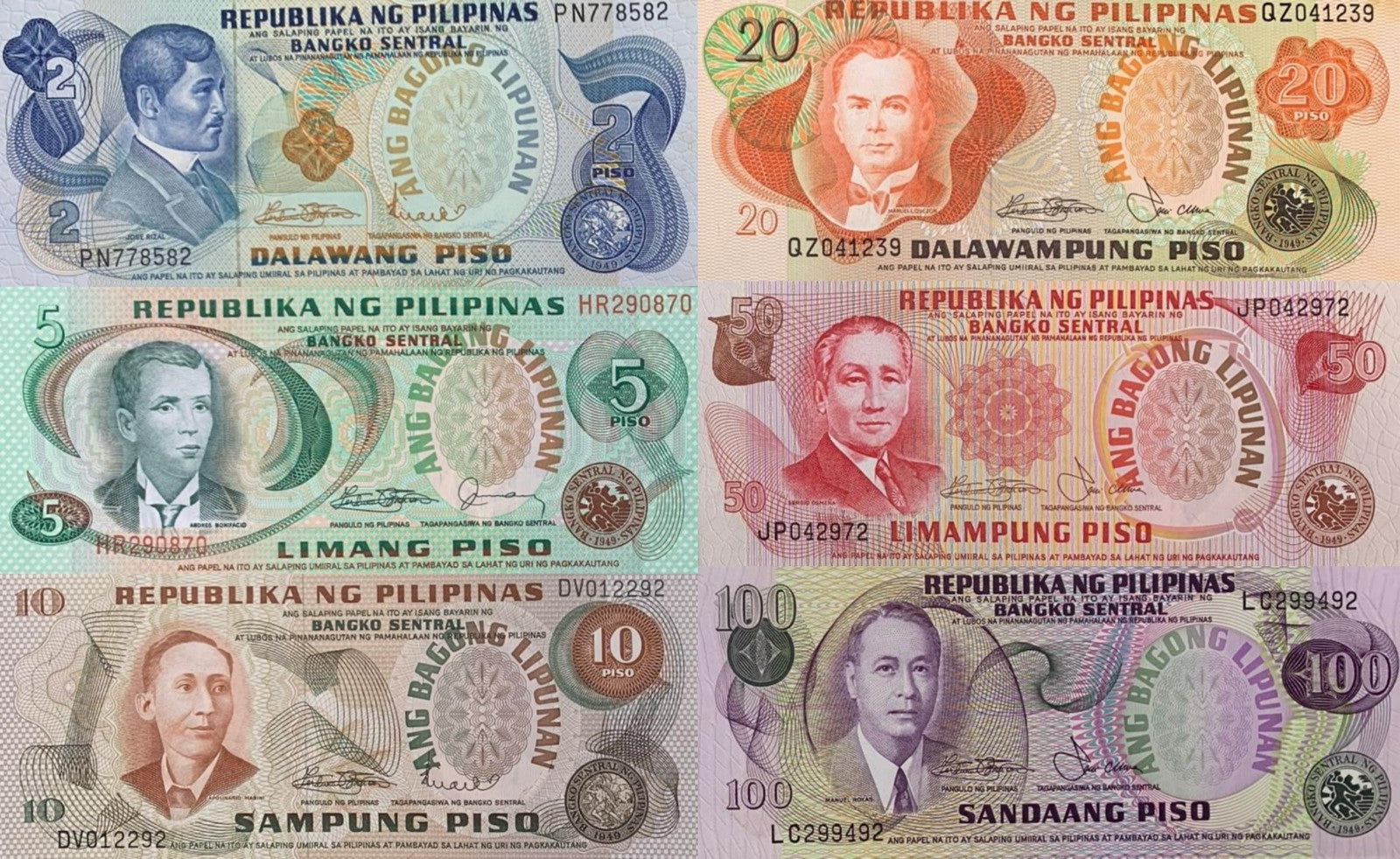 Philippines 2 5-100 Piso ND 1970-78 P 152 154 160d-164b UNC MINOR FOXING Set 6 p