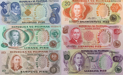 Philippines 2 5-100 Piso ND 1970-78 P 152 154 160d-164b UNC MINOR FOXING Set 6 p