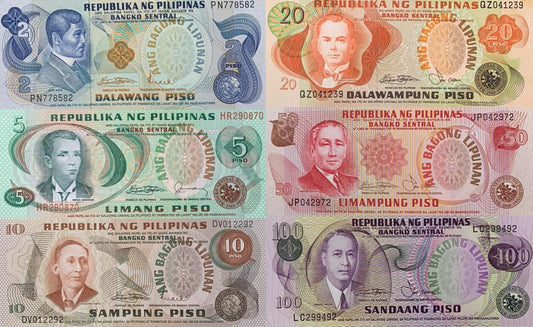 Philippines 2 5-100 Piso ND 1970-78 P 152 154 160d-164b UNC MINOR FOXING Set 6 p